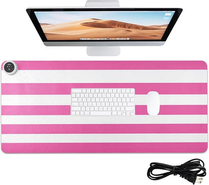 Heated Desk Pad Mouse Pad 31.5x13 Inch PU Leather Desk Mat with 3 Heat Levels Large Mouse Gaming Computer Laptop Mat Hot Pink White Stripes