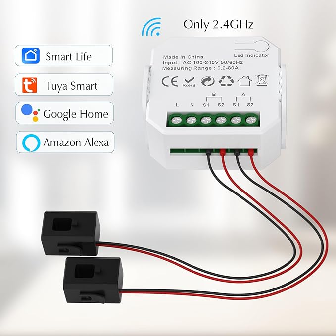eMylo 2 Channel WiFi Power Meter 80A+80A Smart Power Monitor,Clamp Ammeter Power Monitor,2.4GHz WiFi,Real Time Monitoring,Smart Life/TUYA APP, Compatible with Alexa and Google Assistant