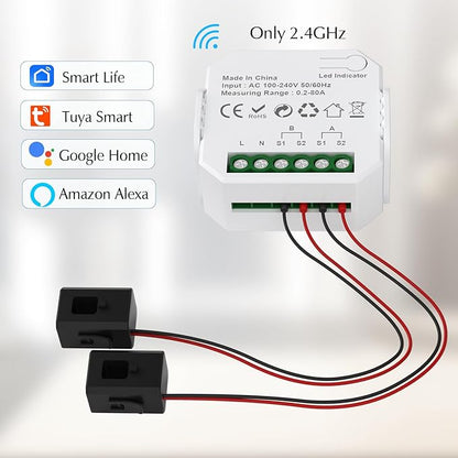 eMylo 2 Channel WiFi Power Meter 80A+80A Smart Power Monitor,Clamp Ammeter Power Monitor,2.4GHz WiFi,Real Time Monitoring,Smart Life/TUYA APP, Compatible with Alexa and Google Assistant