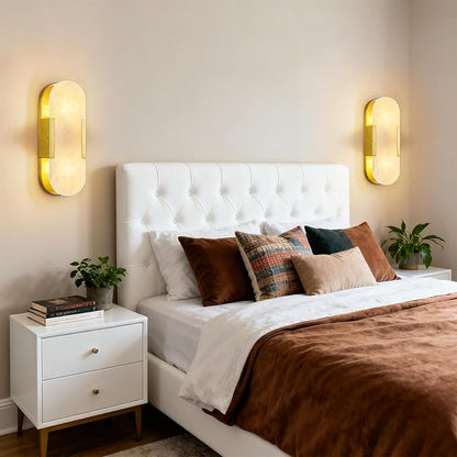 Brass Alabaster Wall Sconces Set of Two, Modern Natural Marble Wall Sconces for Indoor Lighting, 13.8 in Gold Wall Lights for Bathroom Dining Room Stairs Bedroom