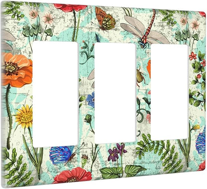 Dragonflies Flowers Butterfly 3 Gang Triple Rocker Outlet Light Switch Cover Decorative Wall Plate Cover For Home Living Bedroom Kitchen Decorative