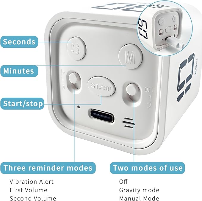 Pomodoro Timer, Cube Productivity Timer with Adjustable Sound and Vibration Alert, Ideal for Work, Office, ADHD, Study, and Tasks - 5/10/30/60 Minutes & Custom Countdown - White
