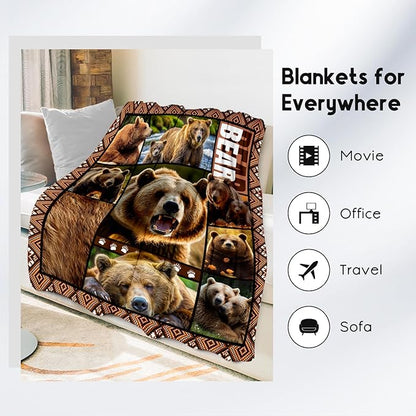 Blankets for Dad, Bear Blanket Gifts for Men Boys Adults, 50"x60" Forest Animal Throw Gift for Hunters - Soft, Fuzzy & Cozy Flannel Throws Wildlife Country Decor
