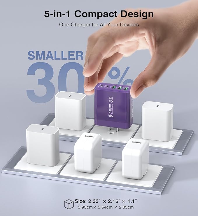 [2-Pack] USB C Wall Charger, 60W Fast USB C Charger Block, 5-Port PD Power Adapter + QC Wall Plug Multiport Type C Charging Block Cube Compatible with iPhone 17 16 15 14 13 12 Pro Max XR XS, Purple