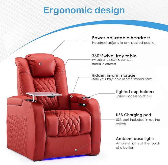 Weilianda Home Theater Seating Top Grain Leather Zero Gravity Recliner Chair Power Headrest Recline Movie Seat Gaming 7 Colors Mood Light Sofa with Tray Table USB Charge Row of 3 Loveseat Right Red