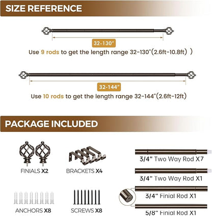 KAMANINA Bronze Curtain Rods for Windows 72 to 144 Inch, Long Curtain Rod 32 to 144 Inches (2.6-12ft), 6/8 In Splicing Adjustable Single Drapery Rod with Twisted Cage Finial