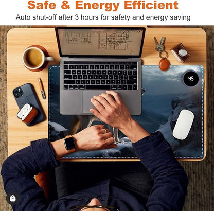 Small Heated Desk Pad 23.6" x 14.2" – Compact Electric Mouse Pad with 3 Heating Levels, Auto Shut-Off, Waterproof PU Surface, Plug-in Warmer for Office or Home Use, Lone Wolf