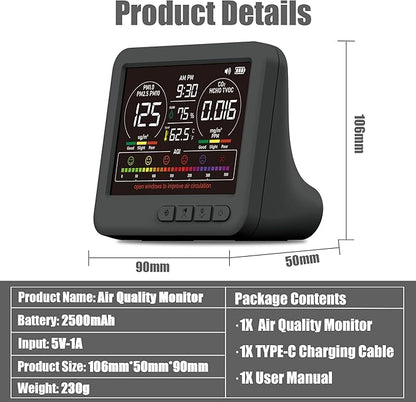 Professional Indoor Air Quality Monitor with 7X AQI Alarms,16 in 1 Portable Real-Time Detector for PM2.5 | PM10 | CO2 | TVOC | HCHO | Temp | Hum for Home Cars Plants Pets (Black)