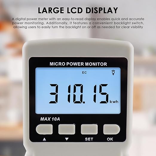 Electricity Monitor, Digital Power Overload Protection LCD Plug in Power Watt Voltage Meter, 8 Display Modes for Energy Saving, Watt Meter Outlet, Energy Consumption Factor, Power Consumption Monitor