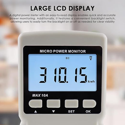Electricity Monitor, Digital Power Overload Protection LCD Plug in Power Watt Voltage Meter, 8 Display Modes for Energy Saving, Watt Meter Outlet, Energy Consumption Factor, Power Consumption Monitor