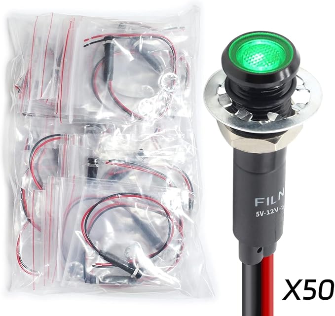 50Pcs 8MM (5/16") Indicator Light 12V 24V Metal Pilot Lamp Lights Aluminum Black Anodized Waterproof ip67 Signal Lamp(12V-24V Black Anodized-Green)