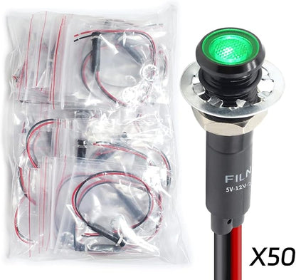 50Pcs 8MM (5/16") Indicator Light 12V 24V Metal Pilot Lamp Lights Aluminum Black Anodized Waterproof ip67 Signal Lamp(12V-24V Black Anodized-Green)