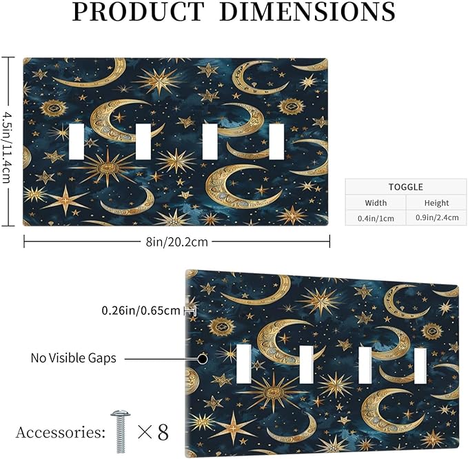 Light Switch Covers Modern Abstract Sky Blue Gold Moon Sun Star Quad Toggle Electrical Faceplate 4 Gang Wall Plate Decorative Switch Plates for Bedroom Kids room Decor