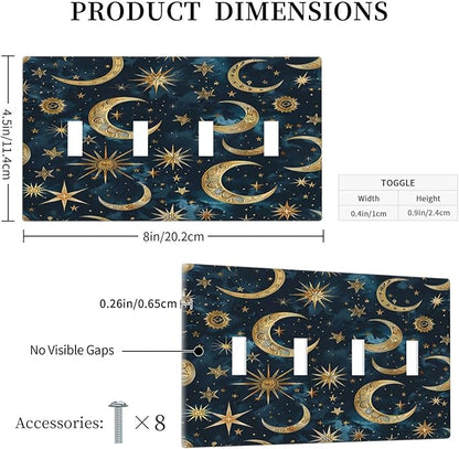 Light Switch Covers Modern Abstract Sky Blue Gold Moon Sun Star Quad Toggle Electrical Faceplate 4 Gang Wall Plate Decorative Switch Plates for Bedroom Kids room Decor