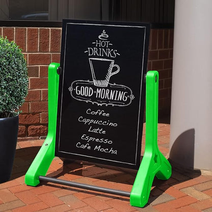 Swinging Changeable Message Sidewalk Sign: 24" x 36" Sign with 792 Pre-Cut Double Sided Letters and Storage Box. Includes Black Board & Letter Board (Green Color Legs)