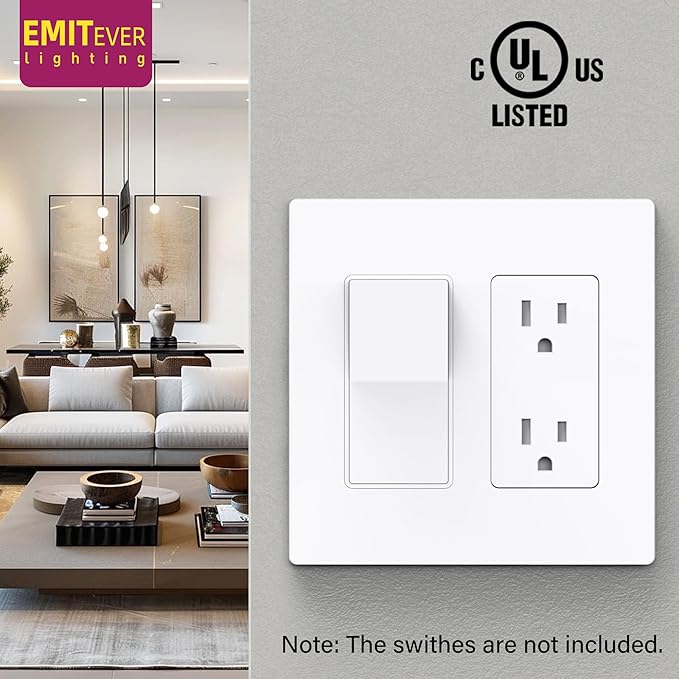 EMITEVER 2-Gang Screwless Decorator Wall Plate Cover for Receptacle Outlet & Light Switch, Standard Size 4.53"H x 4.53"W, Unbreakable Thermoplastic Faceplate, UL Listed, Matte White 5-Pack