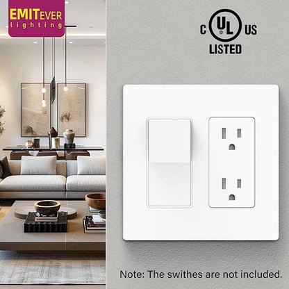 EMITEVER 2-Gang Screwless Decorator Wall Plate Cover for Receptacle Outlet & Light Switch, Standard Size 4.53"H x 4.53"W, Unbreakable Thermoplastic Faceplate, UL Listed, Matte White 5-Pack