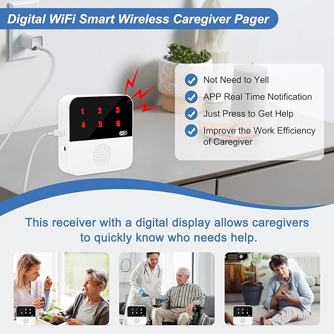 WiFi Caregiver Call Button for Elderly Senior Alert Button to Call Cell Phones Caregiver Pager System with Led Number Display 4 SOS Panic Button 1 Receiver (Only Supports 2.4Ghz & No Monthly Fee)