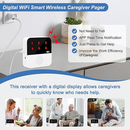 WiFi Caregiver Pager Wireless Call Button Life Alert Systems for Seniors No Monthly Fee with LED Number Display Alert Button for Elderly Patient Disabled 6 Button 1 Receiver(only Supports 2.4GHz WiFi)