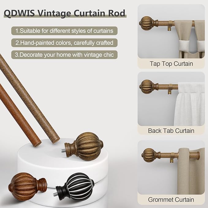 Antiqued Bronze Curtain Rods for Windows 72 to 144 Inch, 1'' Adjustable Heavy Duty Curtain Rod，Vintage Decorative Drapery Rods with Pumpkin Finials for Bedroom Living Room