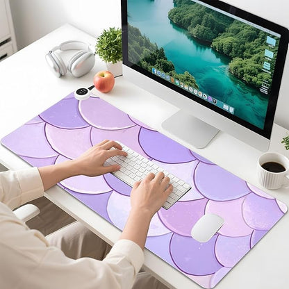 Heated Desk Pad Mouse Pad 31.5x13 Inch PU Leather Desk Mat with 3 Heat Levels Large Mouse Gaming Computer Laptop Mat Light Purple Fish Scales