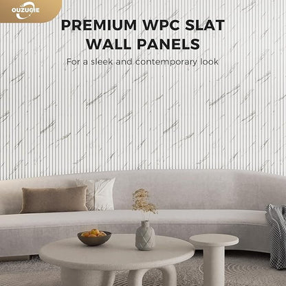 OUZUGIE WPC Acoustic Slat Wall Paneling, 8-Pack 96 x 6 Inches 3D Wall Panels for Interior Wall Decor,Living Room,TV Background,Study Room,Office Spaces,Bedroom,Low Grille (White)