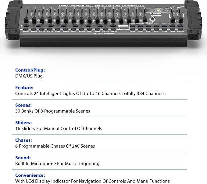 DJ Controller 384CH Fog DMX-512 DJ Controller Support 30 Banks 8 Scenes 24 fixtures Stage Lighting Console for Program Editing of DJ Lights Show Bar Club Live