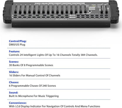 DJ Controller 384CH Fog DMX-512 DJ Controller Support 30 Banks 8 Scenes 24 fixtures Stage Lighting Console for Program Editing of DJ Lights Show Bar Club Live
