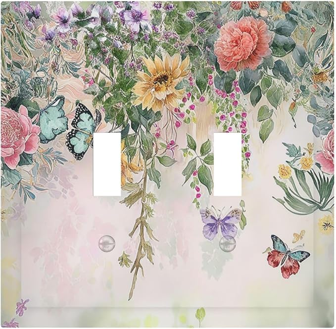 Rustic Floral Watercolor Flower Blossom Butterfly 2 Gang Double Toggle Light Switch Cover Decorative Switchplate Electrical Wall Plates Faceplate for Bathroom Bedroom Decor 4.9 X 5 IN