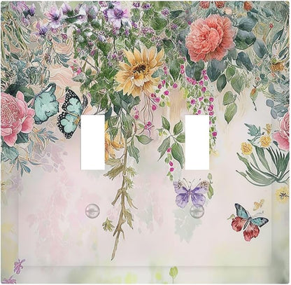 Rustic Floral Watercolor Flower Blossom Butterfly 2 Gang Double Toggle Light Switch Cover Decorative Switchplate Electrical Wall Plates Faceplate for Bathroom Bedroom Decor 4.9 X 5 IN