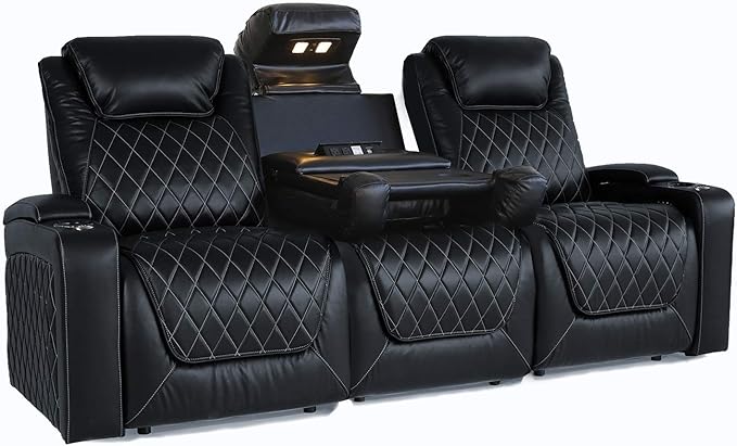 Valencia Oslo Home Theater Seating | Premium Top Grain Italian Nappa 11000 Leather, Power Headrest, Power Lumbar Support, with Center Console (Row of 3, Black)