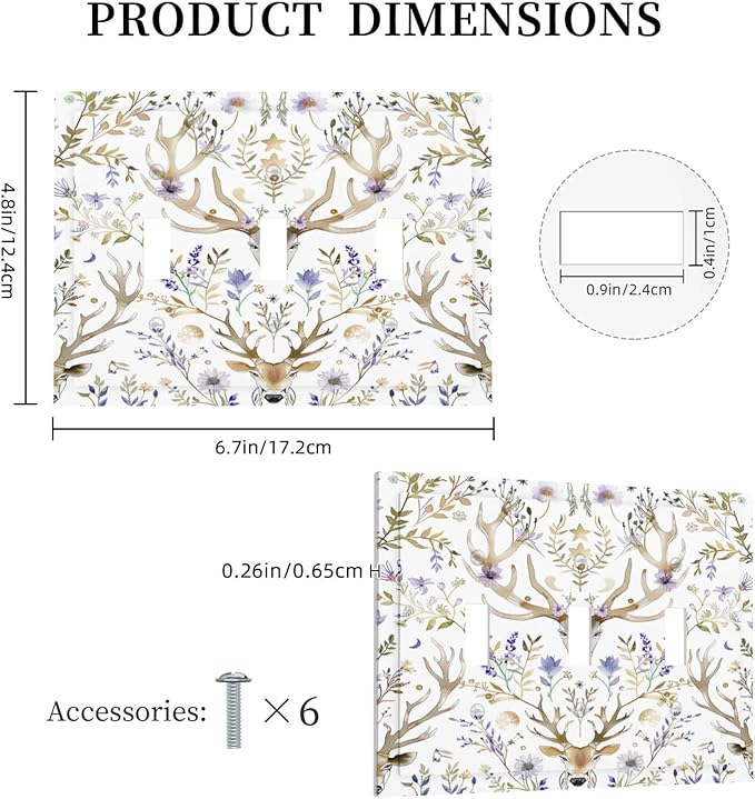 Decorative Switch Plates Gothic Retro Floral Damask Elk Wild Flower 3 Gang Wall Plate Triple Toggle Light Switch Cover Faceplate Electrical Wall Panels For Bed Room Living Room Decor