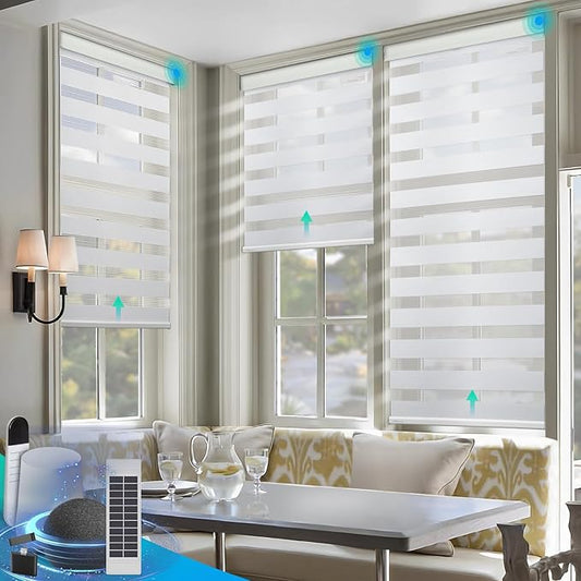DENFOON Motorized Zebra Blinds, Solar Powered Dual Layer Automatic Shades with Remote Control, Rechargeable Smart Blinds Horizontal Wireless Electric Shades for Windows, Custom Size, White， 38 x 72