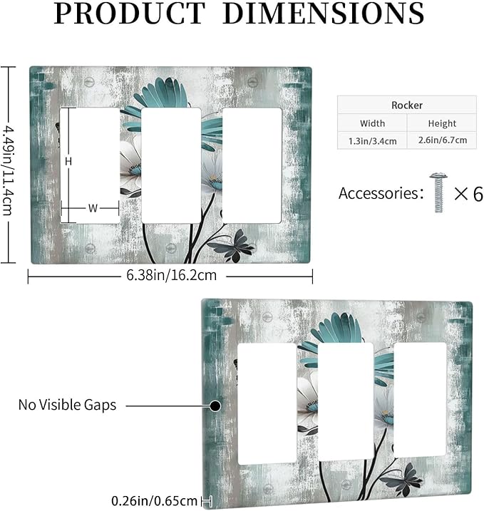 Light Switch Covers Rustic Teal Daisy Floral Flowers Butterfly Wood Grain 3 Gang Rocker Electrical GFCI Decorative Triple Outlet Wall Plate Cover Switchplate for Bathroom Bedroom Decor