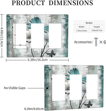 Light Switch Covers Rustic Teal Daisy Floral Flowers Butterfly Wood Grain 3 Gang Rocker Electrical GFCI Decorative Triple Outlet Wall Plate Cover Switchplate for Bathroom Bedroom Decor