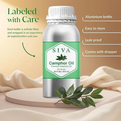 Siva Camphor Essential Oil - 16 Fl Oz – 100% Natural Camphor Oil - for Diffuser, Face, Skin Care, Aromatherapy, Hair Care, Scalp and Body Massage