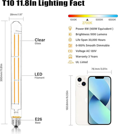 11.8IN 1000LM 2700K Soft White Light Bulbs E26 Base, T10 T9 Edison Bulbs Dimmable 8W, AC 120V 100 Watt Equal Filament Bulb, Vintage Clear Glass Long Tubular LED Bulb, UL Listed - 4Pack