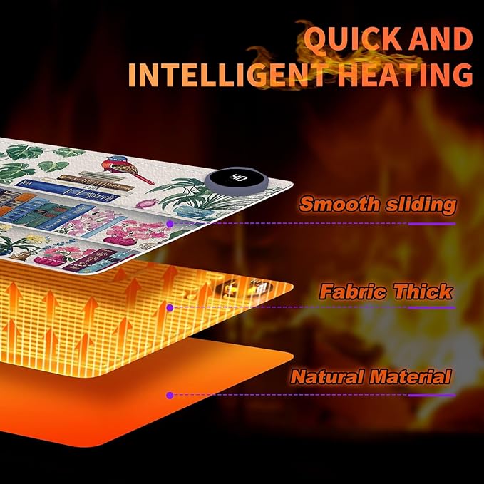 Heated Mouse Pad 23.6 x 14 in 3-Temp Fast Heating Desk Mat with Auto Timer Warmer for Hands Wrist Pain Relief Waterproof Keyboard Mat for Office, Gaming, Home, Bookshelf Floral