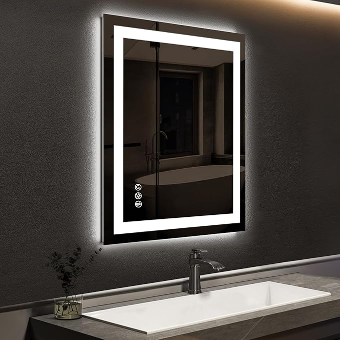 ROOMTEC LED Bathroom Mirror 28 x 20 Inches with Front and Backlit,Anti-Fog,3 Colors and Dimmable Light(Horizontal/Vertical)