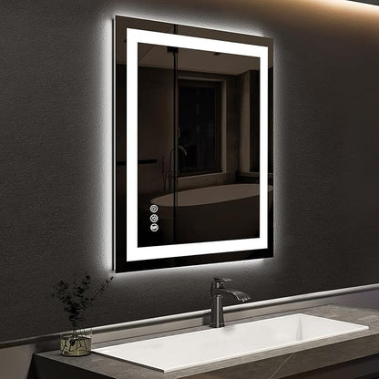 ROOMTEC LED Bathroom Mirror 28 x 20 Inches with Front and Backlit,Anti-Fog,3 Colors and Dimmable Light(Horizontal/Vertical)
