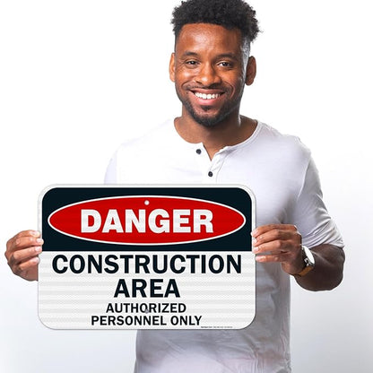Danger Construction Area Sign, Authorized Personnel Only Sign, 12x18 Inches, 3M EGP Reflective .063 Aluminum, Fade Resistant, Easy Mounting, Indoor/Outdoor Use, Made in USA