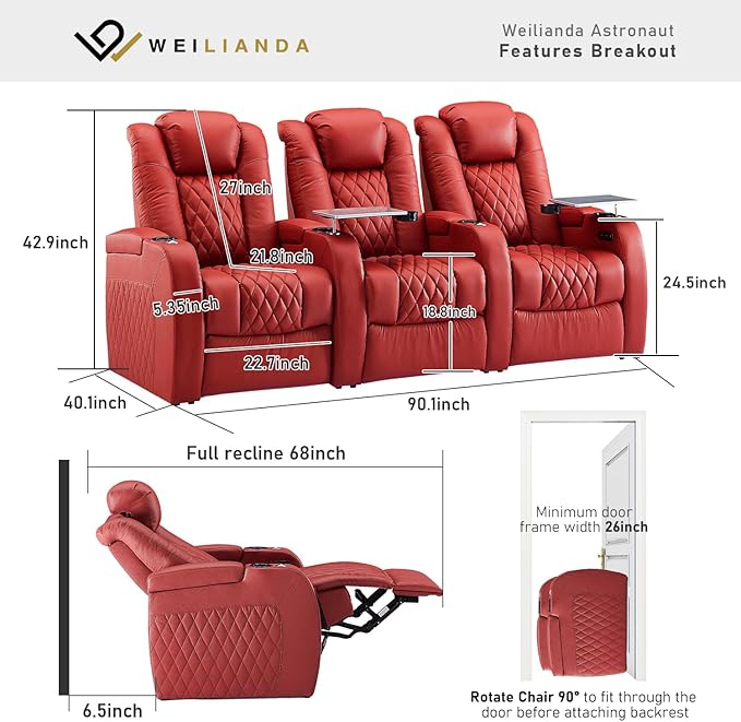 Weilianda Home Theater Seating Top Grain Leather Zero Gravity Recliner Chair Power Headrest Recline Movie Seat Gaming 7 Colors Mood Light Sofa with Tray Table USB Charge Row of 3 Red