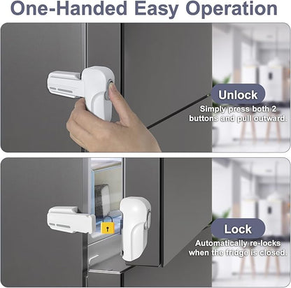 Fridge Lock for Kids, Childproof Refrigerator Door Lock, Fridge Latch with 3M Adhesive, Freezer Locks Automatically Closed, No Drill No Screw, More Security for Kids/Pets (2 Pack, White)