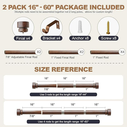 2 Pack Antique Redwood Grain Curtain Rods for Windows 28 to 48 Inches 1" Diameter Heavy Duty Window Curtain Rod Adjustable with Solid Finials for Living Room Bedroom Kitchen Farmhouse Outdoor