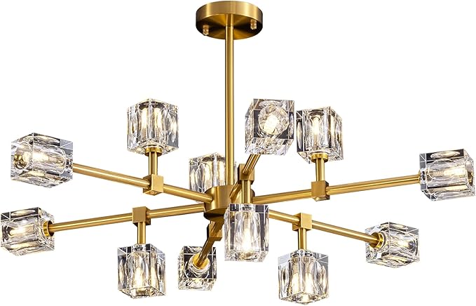 Crystal Chandeliers for Dining Room Light Fixtures,Gold Sputnik Chandelier with 12-Lights,Modern Adjustable Height Semi Flush Mount Ceiling Light Fixture for Kitchen Island Bedroom Entryway
