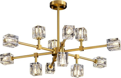 Crystal Chandeliers for Dining Room Light Fixtures,Gold Sputnik Chandelier with 12-Lights,Modern Adjustable Height Semi Flush Mount Ceiling Light Fixture for Kitchen Island Bedroom Entryway
