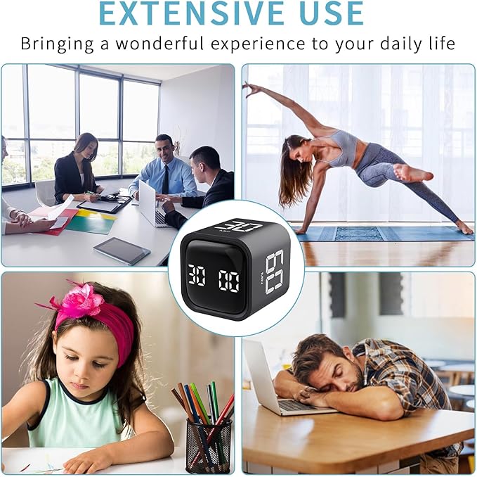 Pomodoro Timer, Cube Productivity Timer with Adjustable Sound and Vibration Alert, Ideal for Work, Office, ADHD, Study, and Tasks - 5/10/30/60 Minutes & Custom Countdown - Black