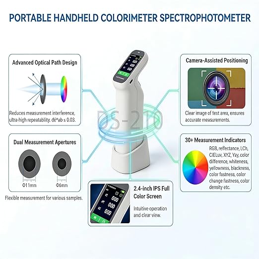Portable Handheld Colorimeter Spectrophotometer, Auto Calibration Color Difference Tester with 6mm Test Aperture and IPS Touchscreen, Color Measurement Instrument