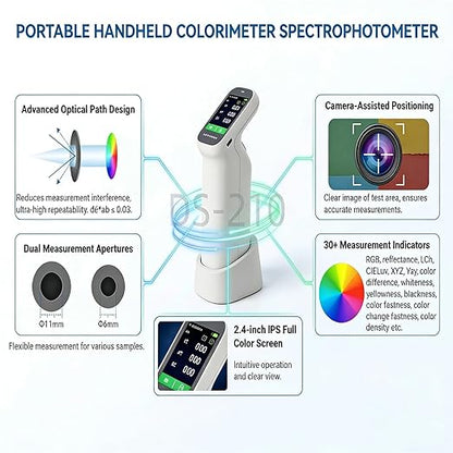 Portable Handheld Colorimeter Spectrophotometer, Auto Calibration Color Difference Tester with 6mm Test Aperture and IPS Touchscreen, Color Measurement Instrument