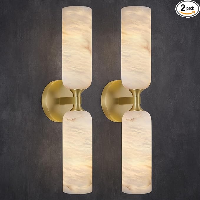 20in Alabaster Wall Sconces Set of Two, Modern Spanish Natural Marble Bathroom Vanity Sconces, Brass Alabaster Sconce Wall Lighting, Gold Wall Light Fixtures Decor for Bedroom Living Room Staircases